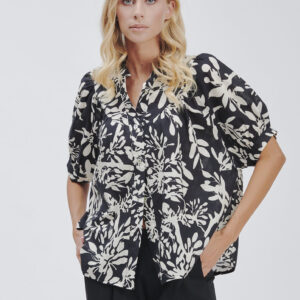 FD092-SHIRT-MM-MUSLIN-PRINTED-BLACK-1209 HALF SLEEVE SHIRT WITH LEAF PRINT |