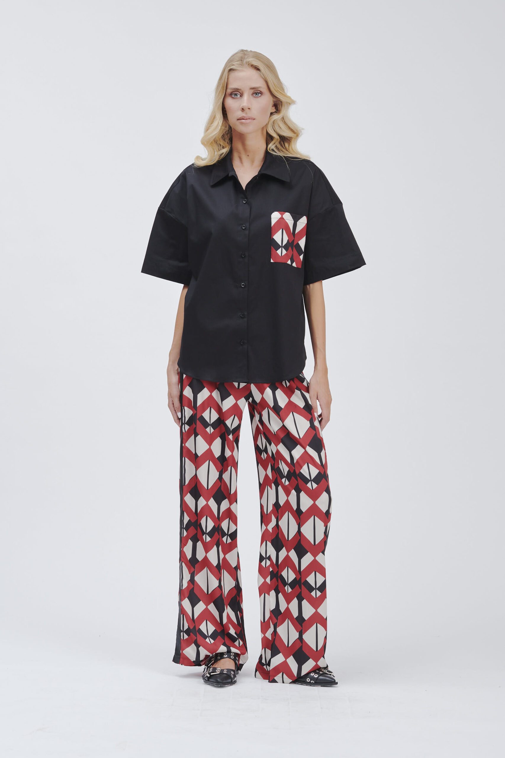 FD098-POP-STRETCH-POCKET-SHIRT-PRINTED-BLACK-1279 GEOMETRIC PRINT SATIN TROUSERS |