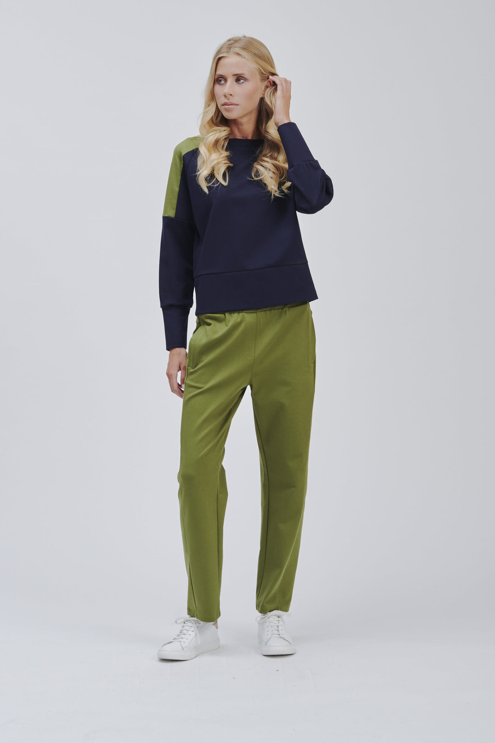 FD114-SWEATSHIRT-CONTRAST-COL.-SHOULDERS-OLIVE-1220 ELASTICATED TROUSERS WITH SIDE BAND |