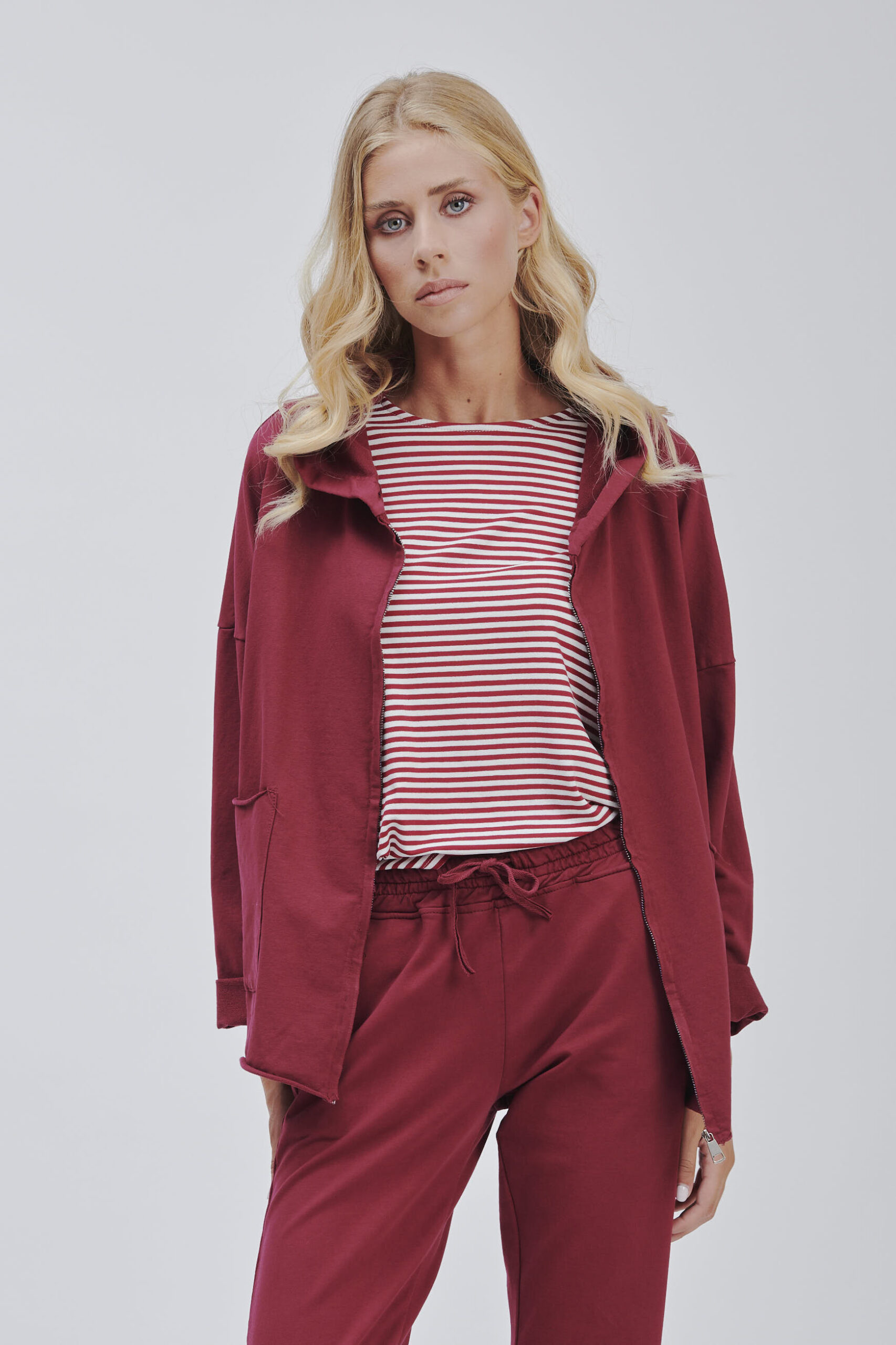 FD129-JACKE-SWEATSHIRT-KAPUZE MIT DURCHGEHENDEM REISSVERSCHLUSS-DUNKELROT-1654 KAPUZENPULLOVER |