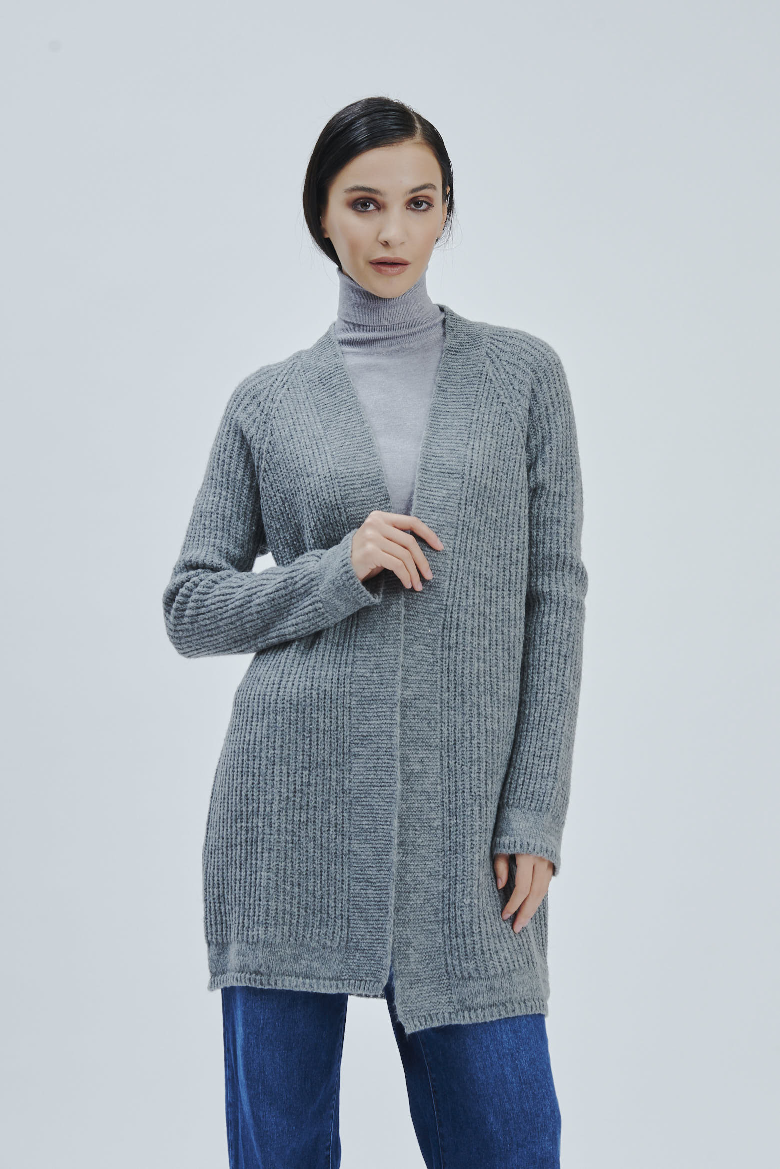 FD156-STRICKJACKE-PUNKT-KOLBEN-GRAU-567 OFFENE STRICKJACKE |