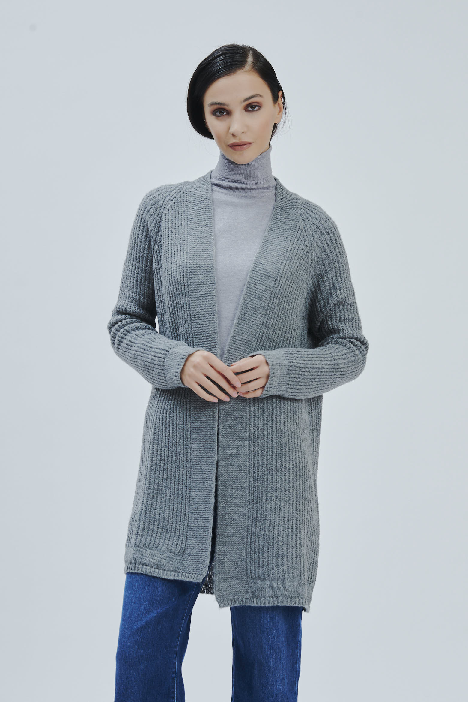 FD156-STRICKJACKE-PUNKT-KOLBEN-GRAU-568 OFFENE STRICKJACKE |
