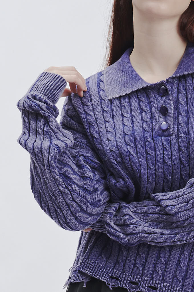 FD169-BRUSH-BRAIDS-STONE-WASHED-BREAKS-BLUE-233 KNITTED POLO SHIRT WITH CABLE KNIT |