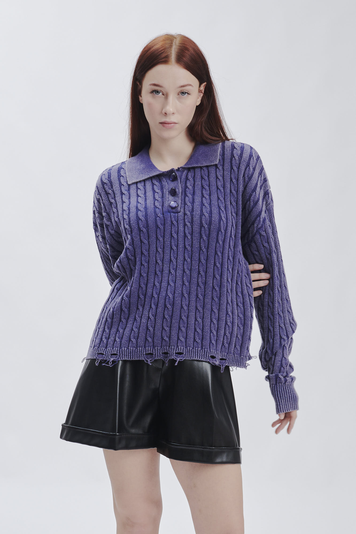 FD169-BRAIDED-STONE-WASHED-BREAKS-BLUE-235 KNITTED POLO SHIRT WITH CABLE KNIT |