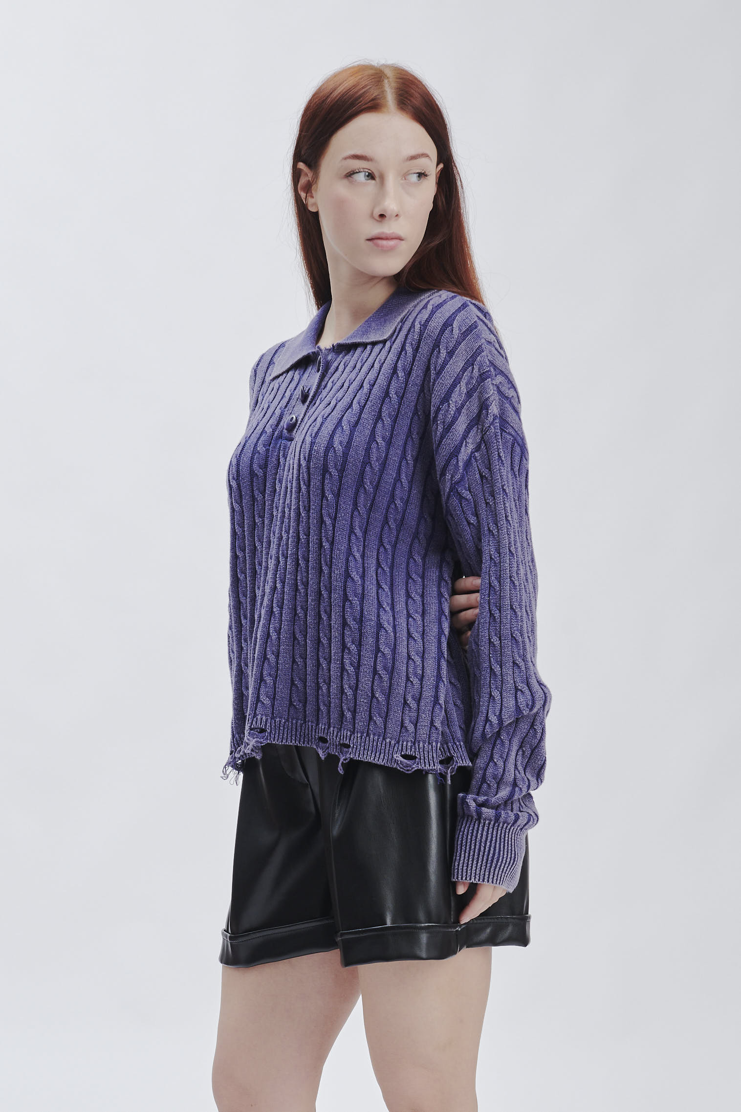 FD169-BRUSH-BRAIDS-STONE-WASHED-BREAKS-BLUE-236 KNITTED POLO SHIRT WITH CABLE KNIT |