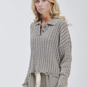FD169-BRUSH-BRAIDS-STONE-WASHED-BREAKS-GREY-1745 KNITTED POLO SHIRT WITH CABLE KNIT |