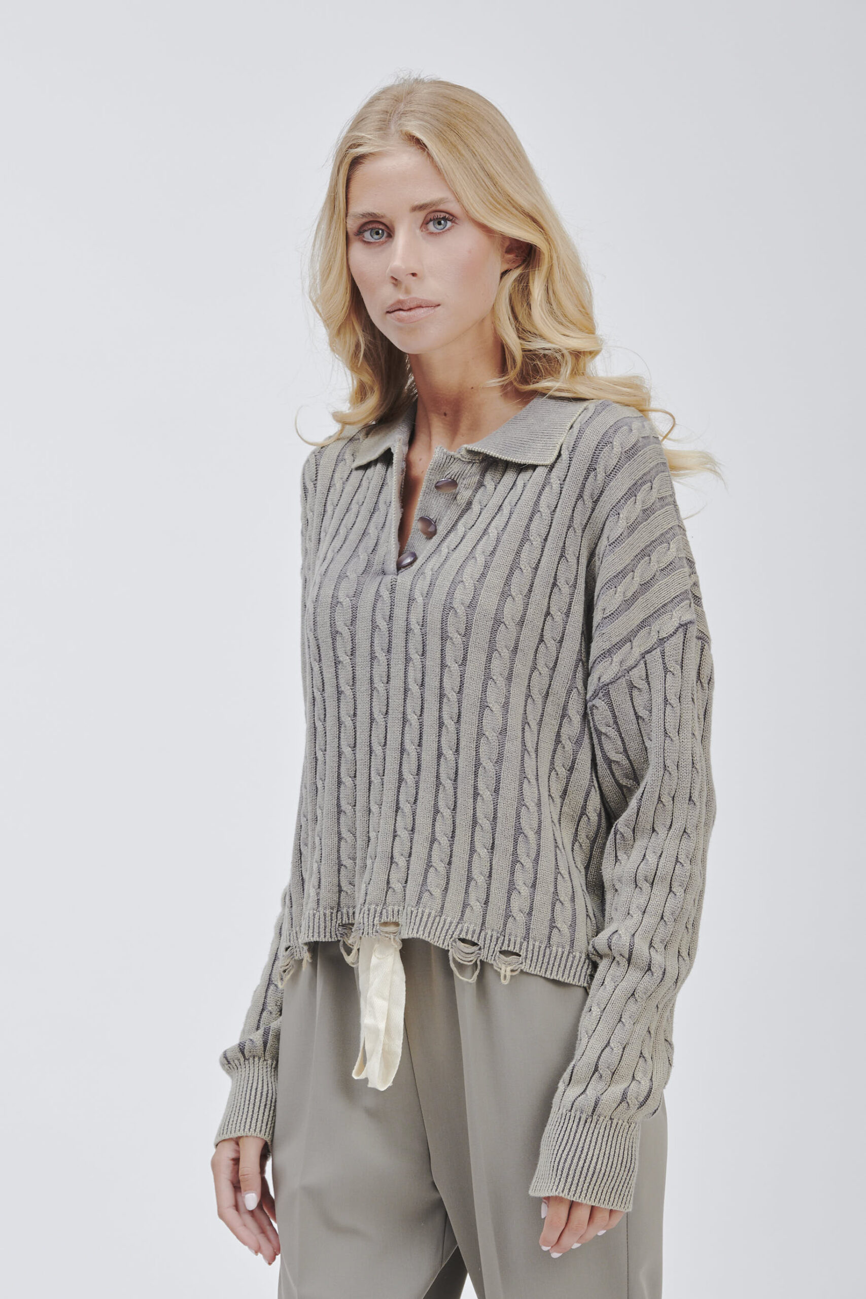 FD169-BRUSH-BRAIDS-STONE-WASHED-BREAKS-GREY-1745 KNITTED POLO SHIRT WITH CABLE KNIT |