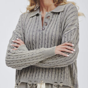 FD169-BRUSH-BRAIDS-STONE-WASHED-BREAKS-GREY-1746 KNITTED POLO SHIRT WITH CABLE KNIT |