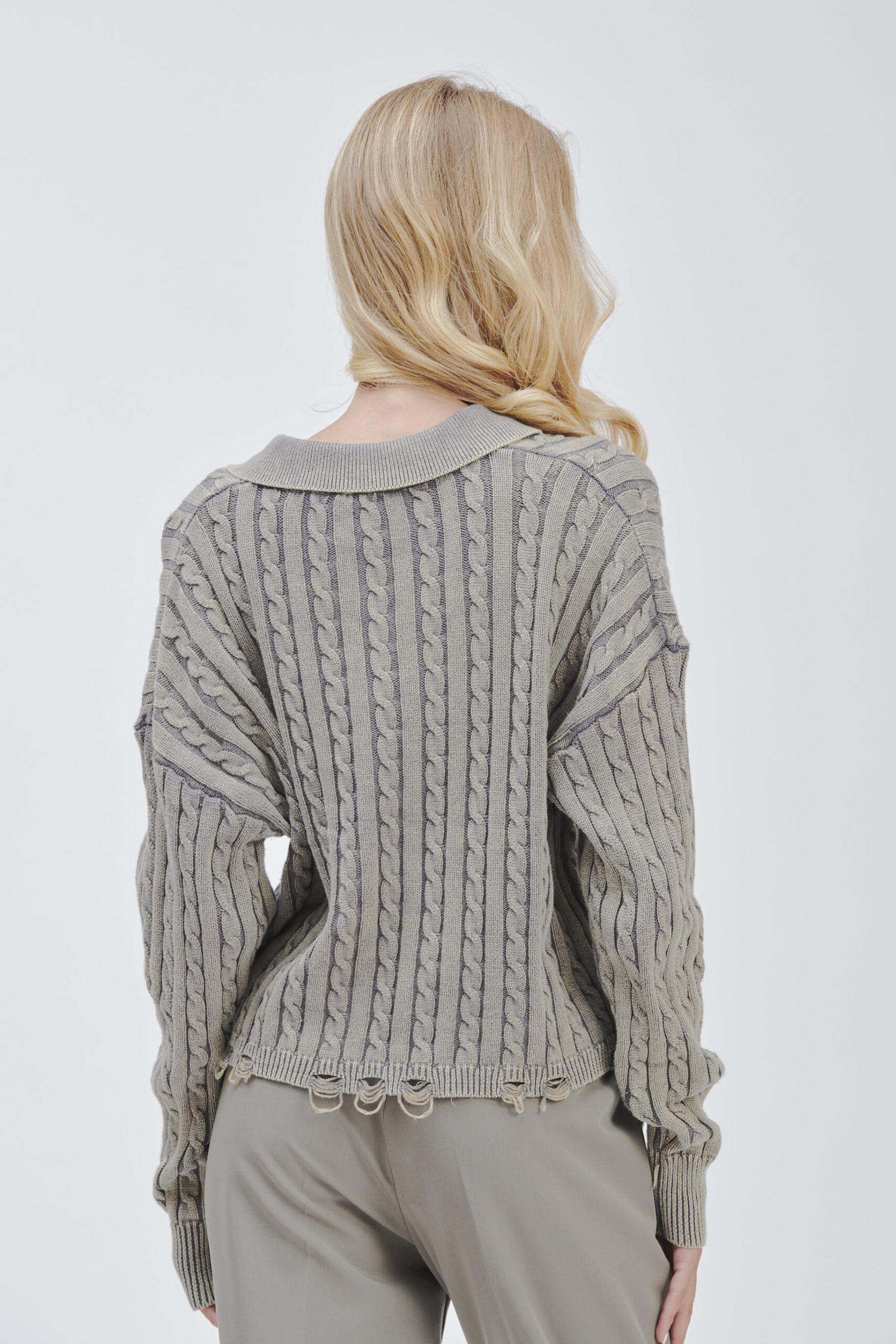 FD169-PRONG-BRAIDS-STONE-WASHED-BREAKS-GREY-1754 KNITTED POLO SHIRT WITH CABLE KNIT |