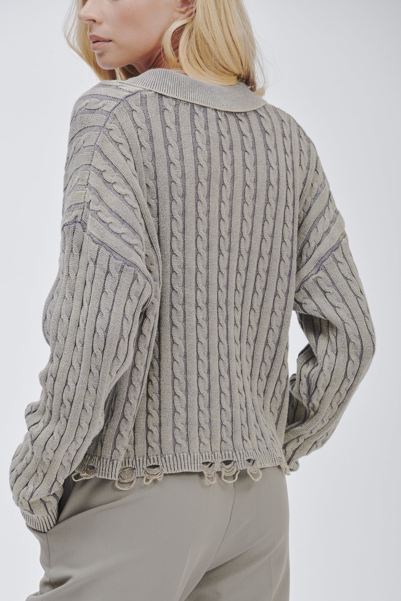 FD169-BRUSH-BRAIDS-STONE-WASHED-BREAKS-GREY-1755 KNITTED POLO SHIRT WITH CABLE KNIT |