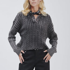 FD169-CABLE-PRONGED-STONE-WASHED-BREAKS-BLACK-1764 KNITTED POLO SHIRT WITH CABLE KNIT |