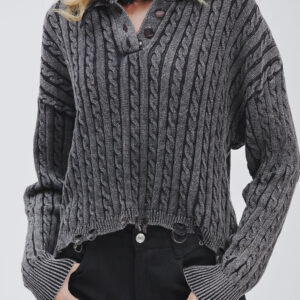 FD169-BRUSH-BRAIDS-STONE-WASHED-BREAKS-BLACK-1765 KNITTED POLO SHIRT WITH CABLE KNIT |