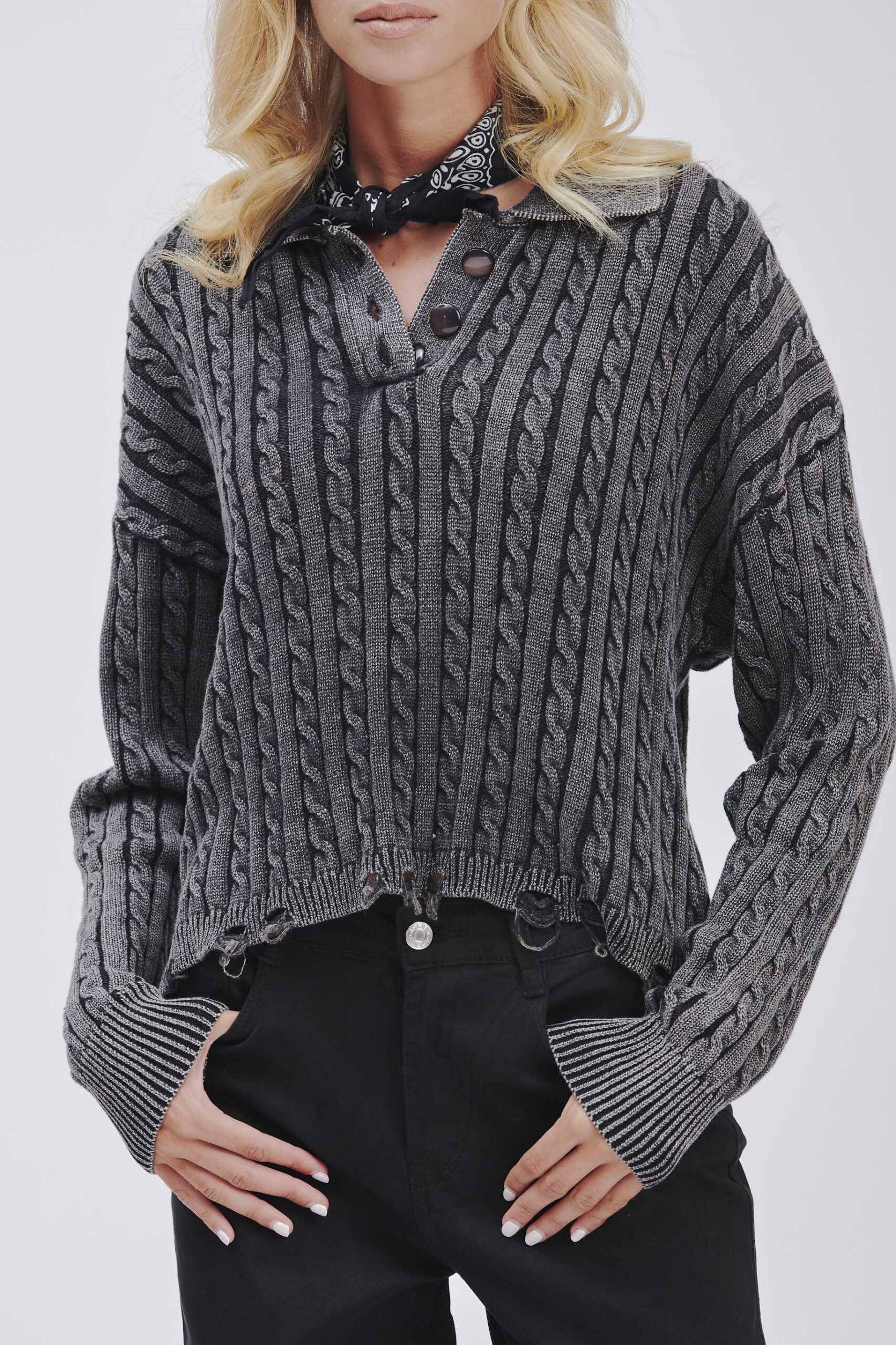 FD169-BRUSH-BRAIDS-STONE-WASHED-BREAKS-BLACK-1765 KNITTED POLO SHIRT WITH CABLE KNIT |