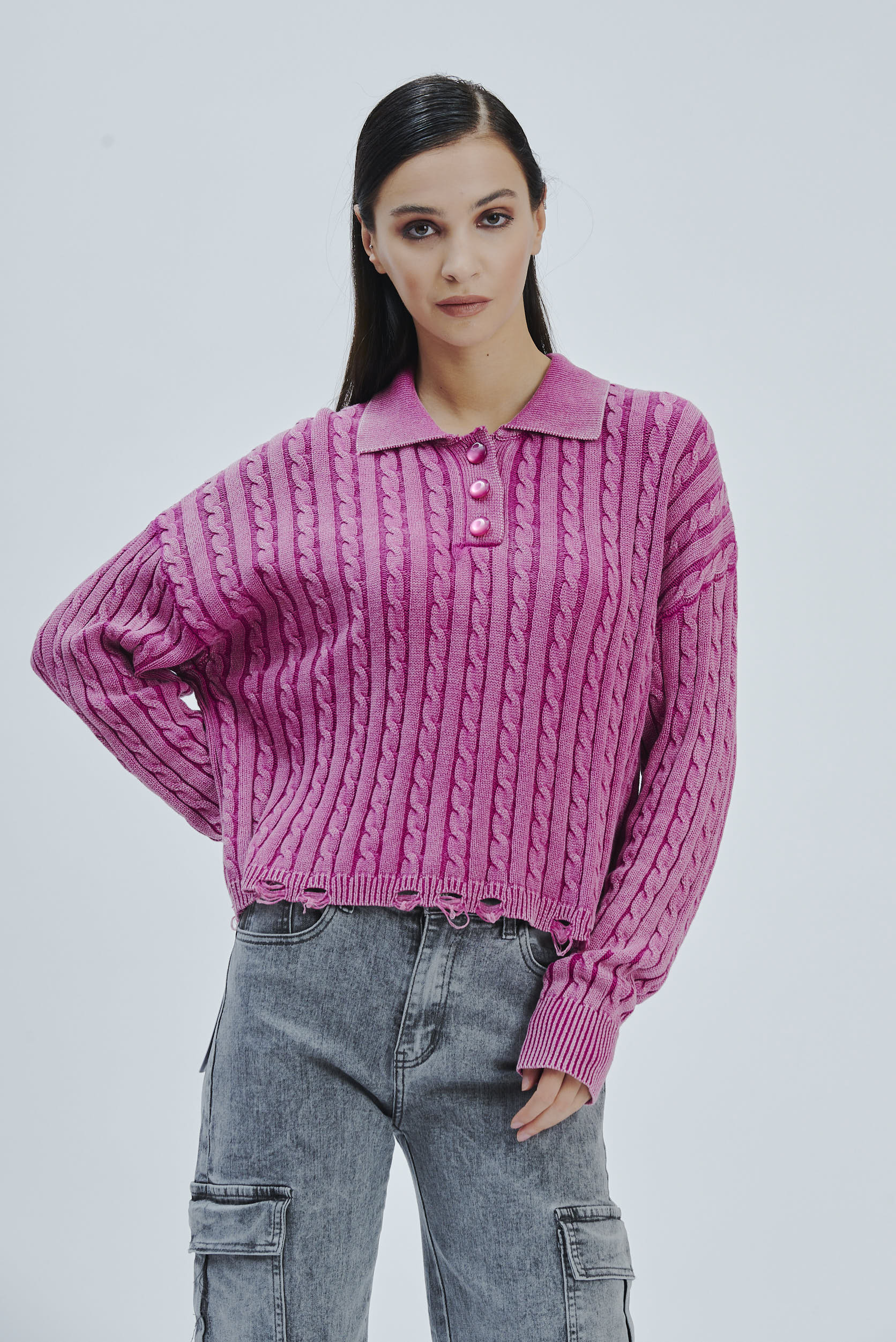 FD169-BRUSH-BRAIDS-STONE-WASHED-BREAKS-RED-MAGENTA-588 KNITTED POLO SHIRT WITH CABLE KNIT |