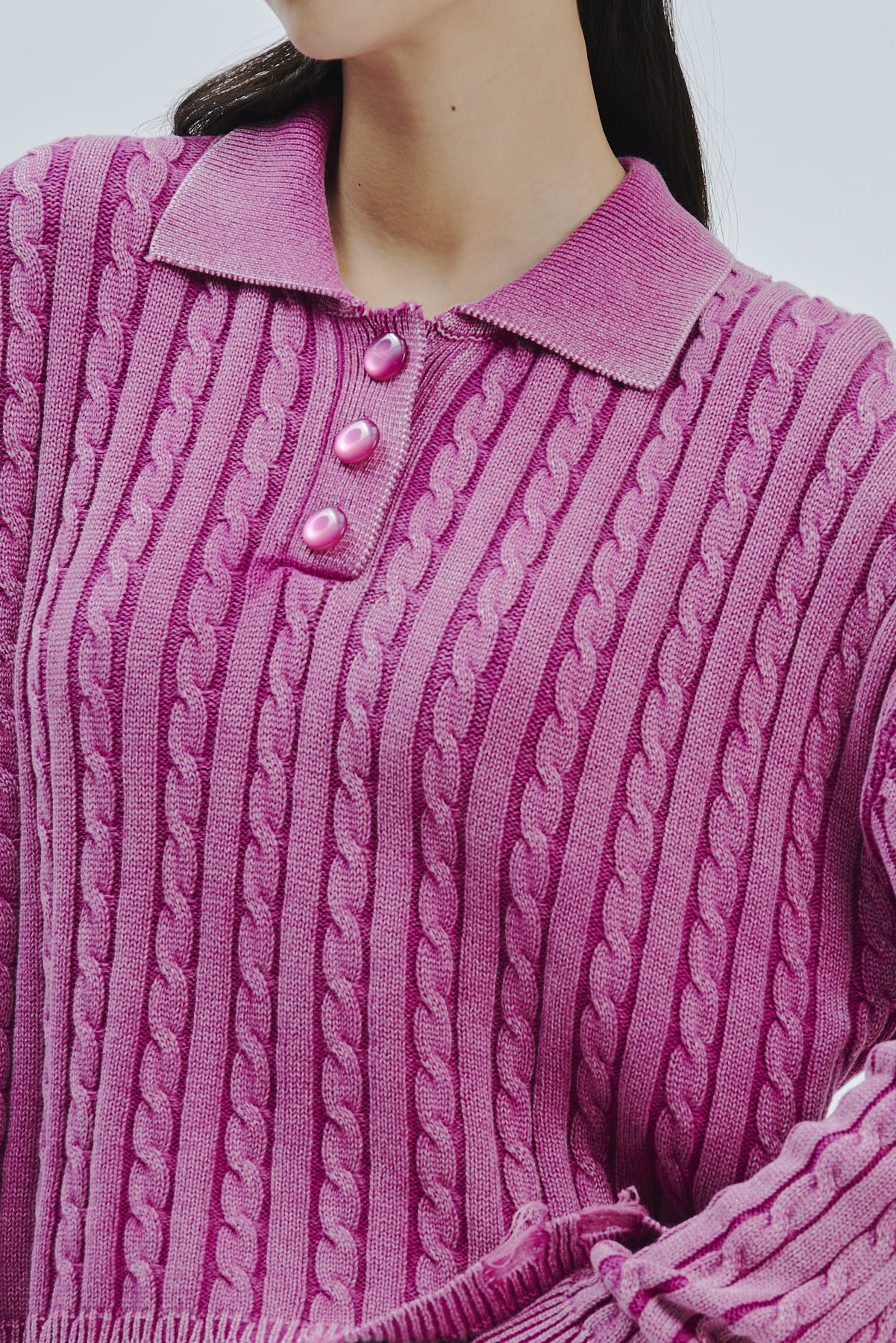 FD169-BRAIDED-STONE-WASHED-BROKEN-RED-MAGENTA-589 KNITTED POLO SHIRT WITH CABLE KNIT |