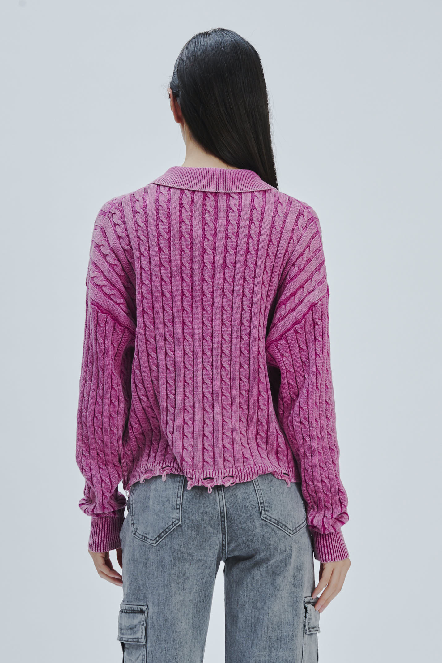FD169-BRUSH-BRAIDS-STONE-WASHED-BREAKS-RED-MAGENTA-590 KNITTED POLO SHIRT WITH CABLE KNIT |