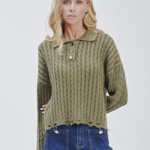 FD169-PEG-BRAIDS-STONE-WASHED-BREAKS-GREEN-1774 KNITTED POLO SHIRT WITH CABLE KNIT |