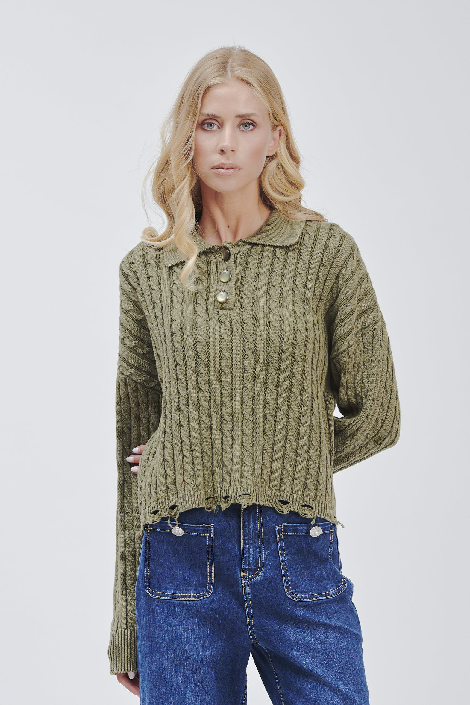FD169-PEG-BRAIDS-STONE-WASHED-BREAKS-GREEN-1774 KNITTED POLO SHIRT WITH CABLE KNIT |