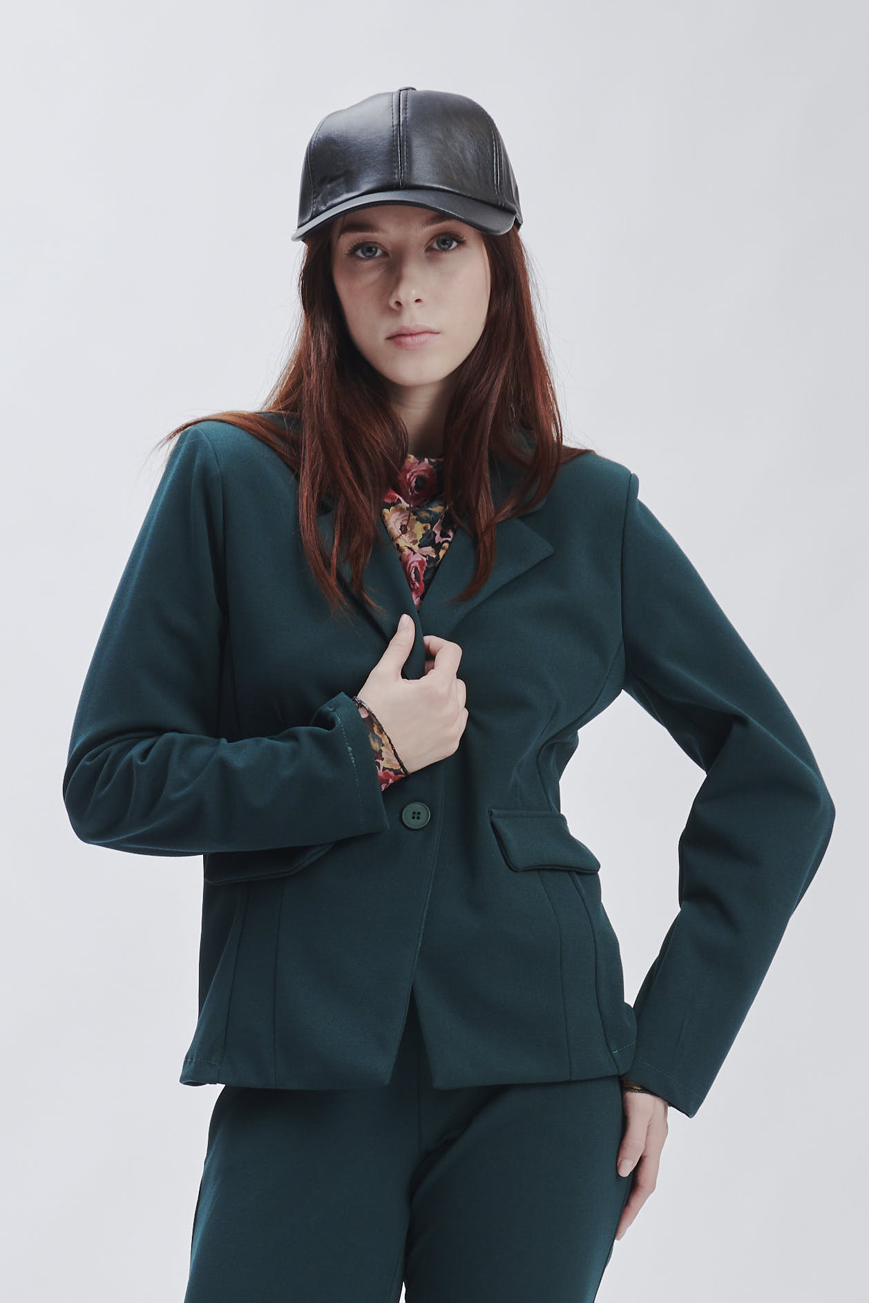 FD248-JACKET-SC-CREPE-DARK-GREEN-592 TWO-BUTTON CREPE JACKET |