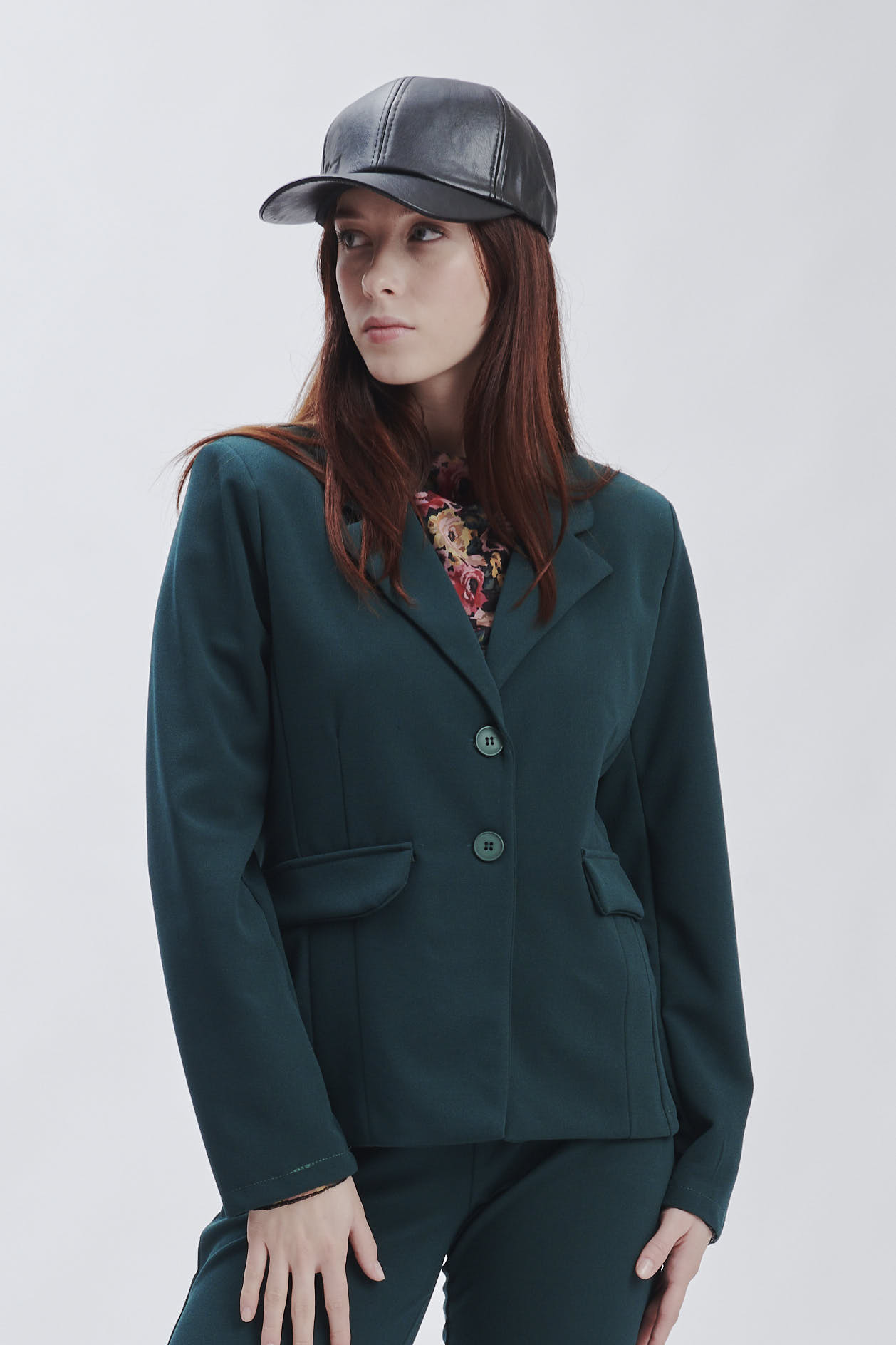 FD248-JACKET-SC-CREPE-DARK-GREEN-594-2 TWO-BUTTON CREPE JACKET |
