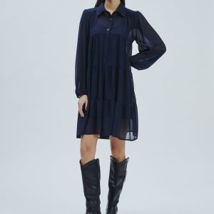 FD274-KLEID-ML-RÜSCHEN-GEORGETTE-BLAU-757-1 KLEID AUS GEORGETTE MIT RÜSCHEN |