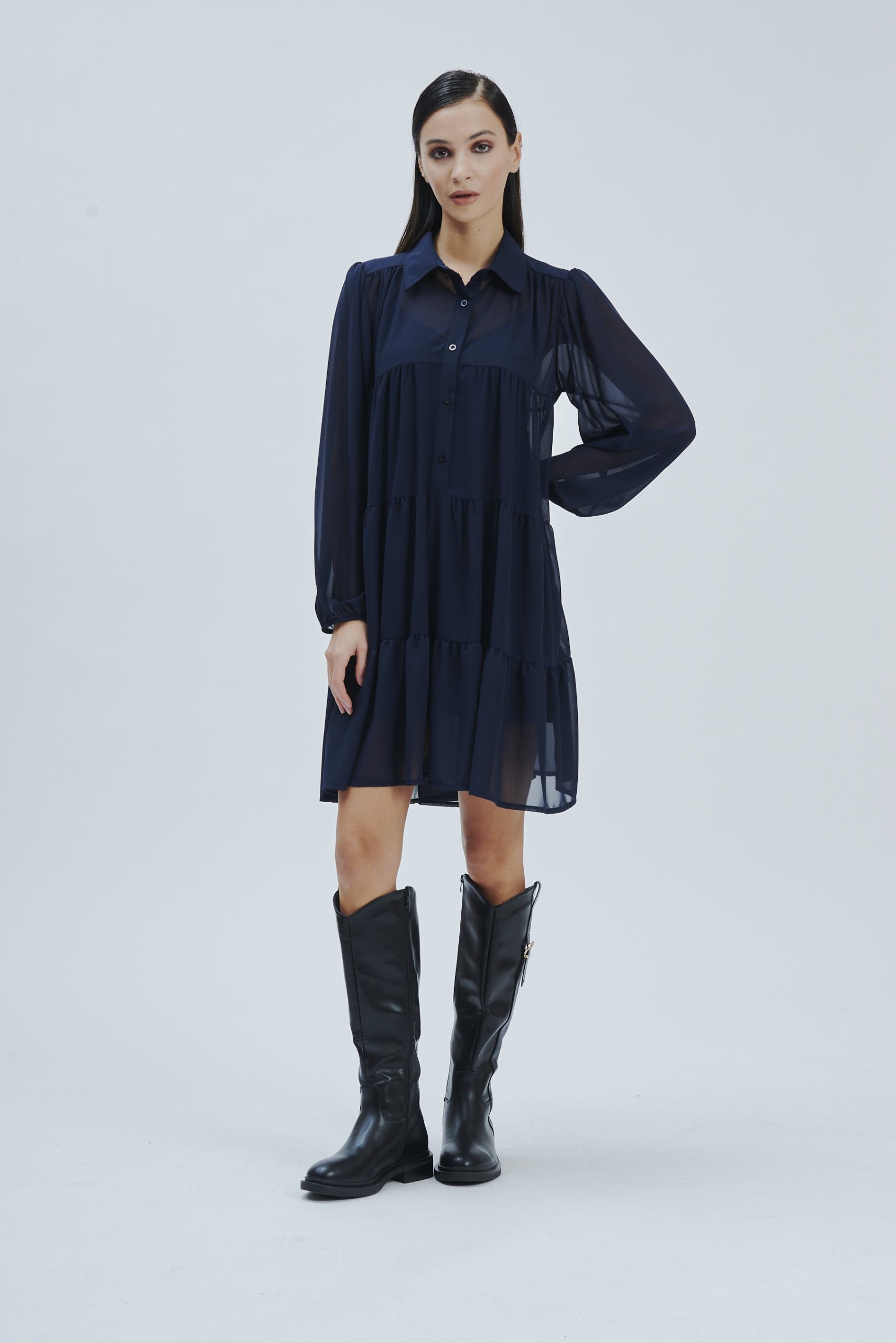 FD274-KLEID-ML-RÜSCHEN-GEORGETTE-BLAU-757-1 KLEID AUS GEORGETTE MIT RÜSCHEN |