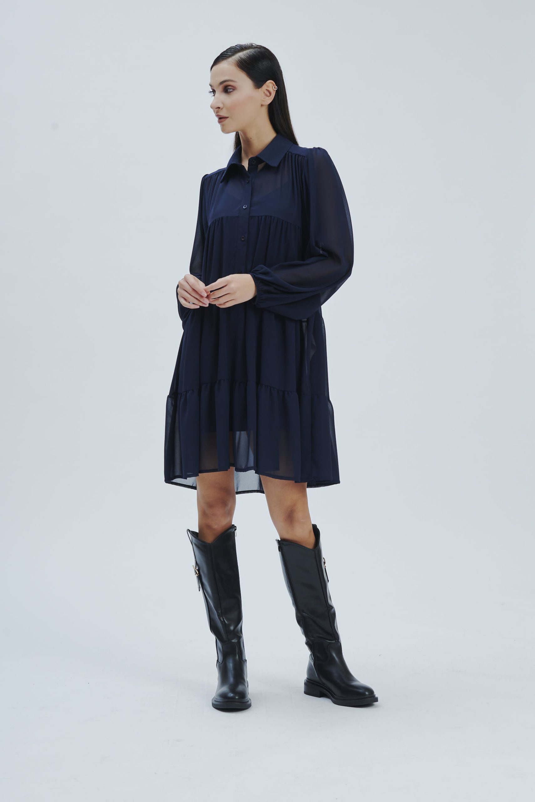 FD274-KLEID-ML-VOLANTS-GEORGETTE-BLAU-759 KLEID AUS GEORGETTE MIT RÜSCHEN |