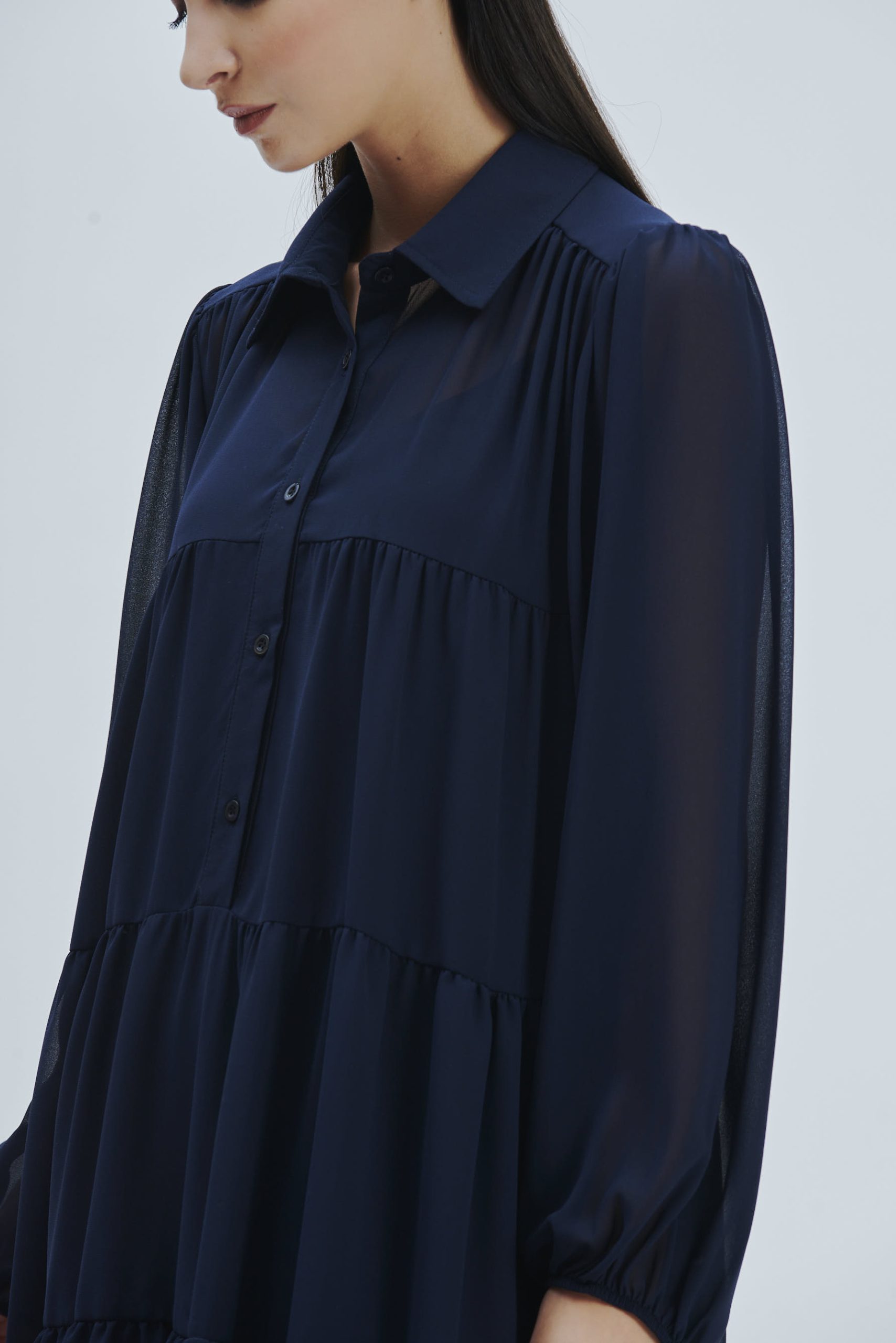 FD274-KLEID-ML-RÜSCHEN-GEORGETTE-BLAU-762-1 KLEID AUS GEORGETTE MIT RÜSCHEN |