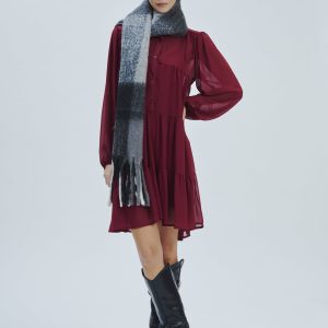 FD274-KLEID-ML-VOLANTS-GEORGETTE-BORDEAUX-744-1 KLEID AUS GEORGETTE MIT RÜSCHEN |