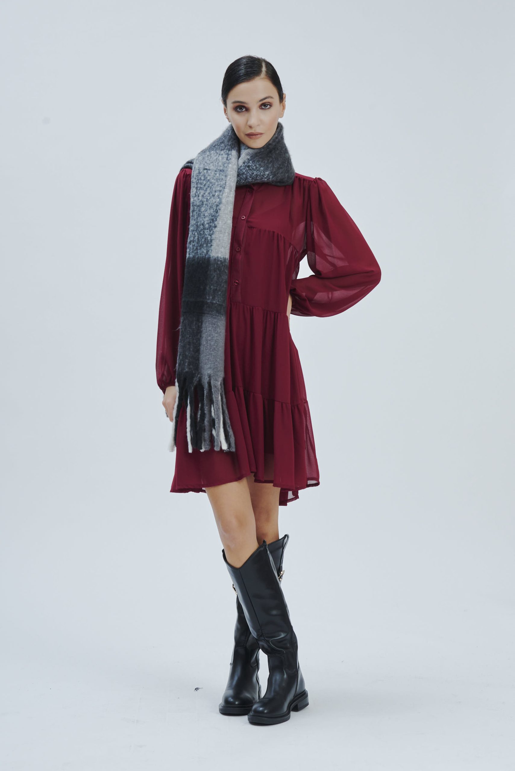 FD274-KLEID-ML-VOLANTS-GEORGETTE-BORDEAUX-744-1 KLEID AUS GEORGETTE MIT RÜSCHEN |