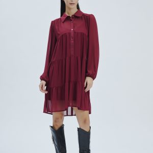 FD274-KLEID-ML-RÜSCHEN-GEORGETTE-BORDEAUX-749-1 KLEID AUS GEORGETTE MIT RÜSCHEN |
