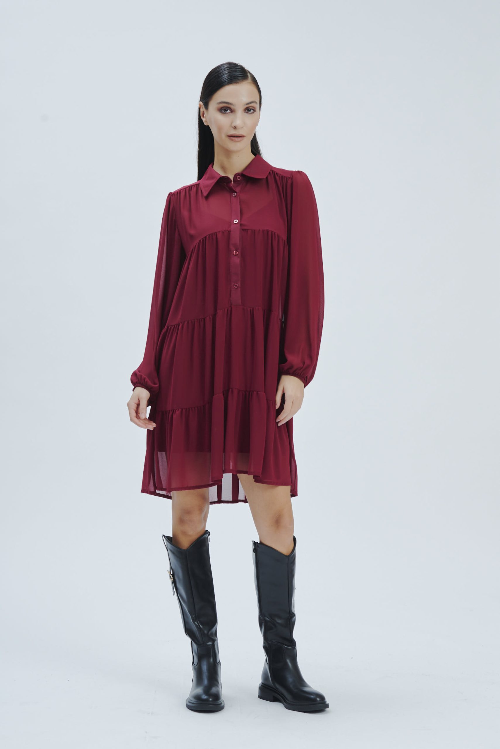 FD274-KLEID-ML-RÜSCHEN-GEORGETTE-BORDEAUX-749-1 KLEID AUS GEORGETTE MIT RÜSCHEN |