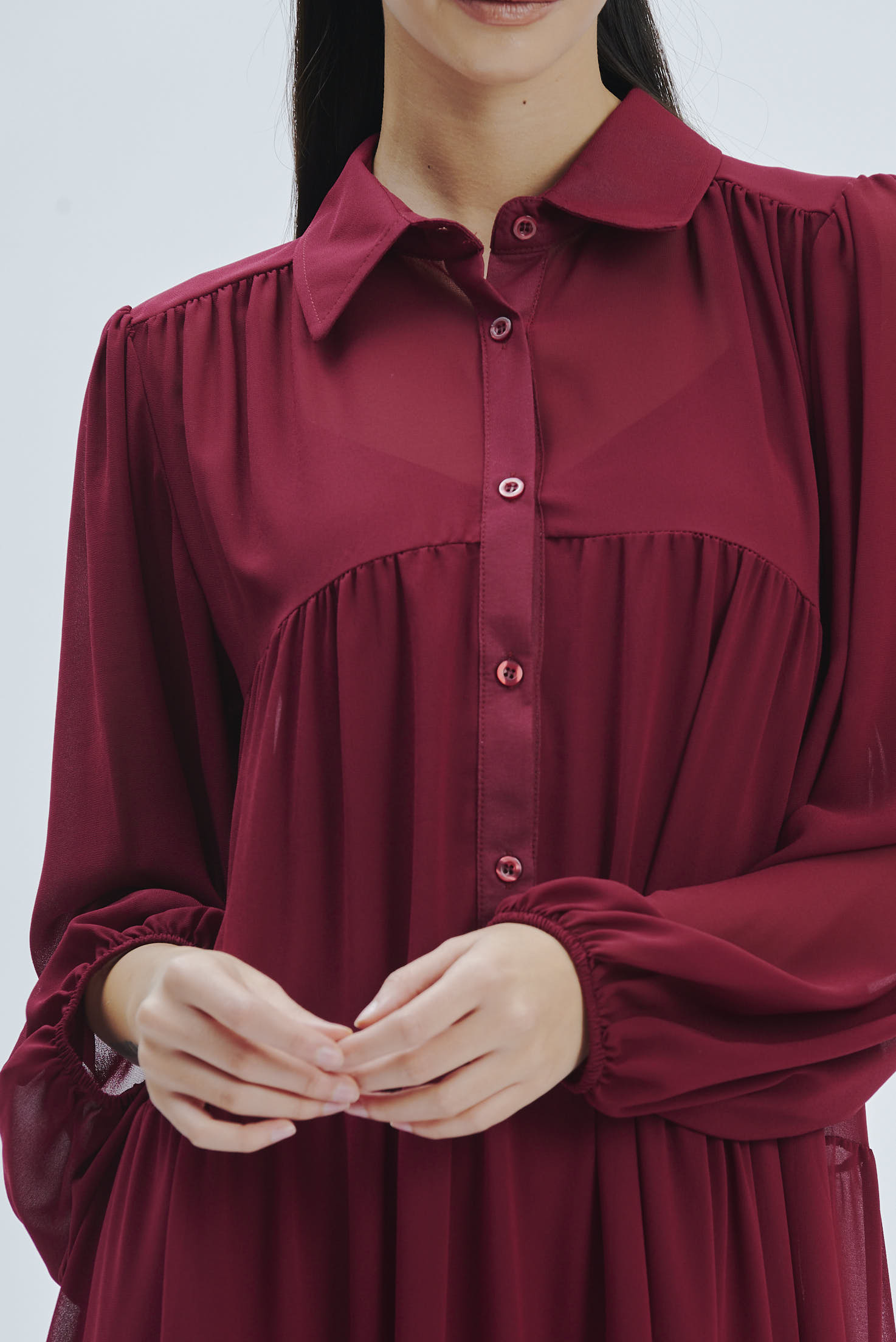 FD274-KLEID-ML-VOLANTS-GEORGETTE-BORDEAUX-753 KLEID AUS GEORGETTE MIT RÜSCHEN |