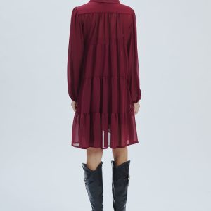 FD274-KLEID-ML-VOLANTS-GEORGETTE-BORDEAUX-754-1 KLEID AUS GEORGETTE MIT RÜSCHEN |