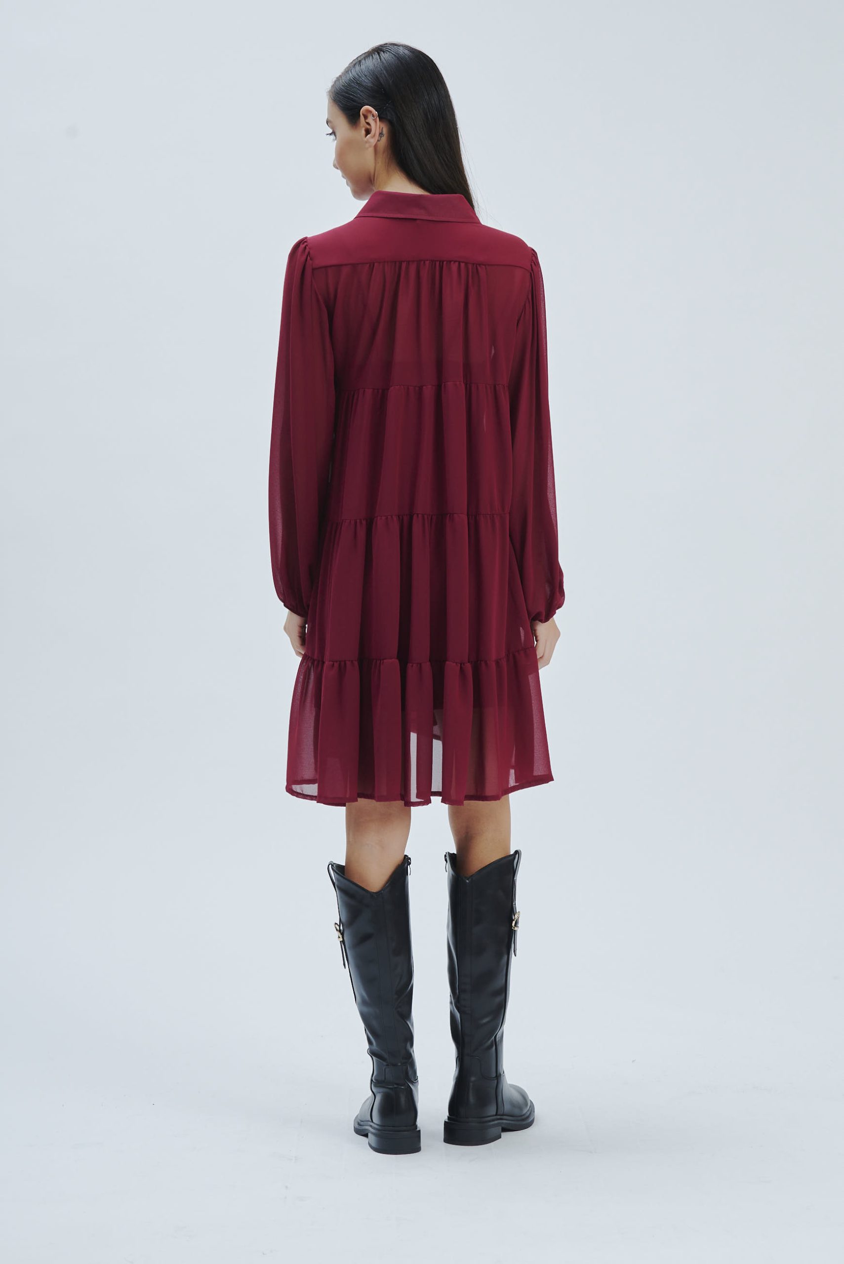 FD274-KLEID-ML-VOLANTS-GEORGETTE-BORDEAUX-754-1 KLEID AUS GEORGETTE MIT RÜSCHEN |