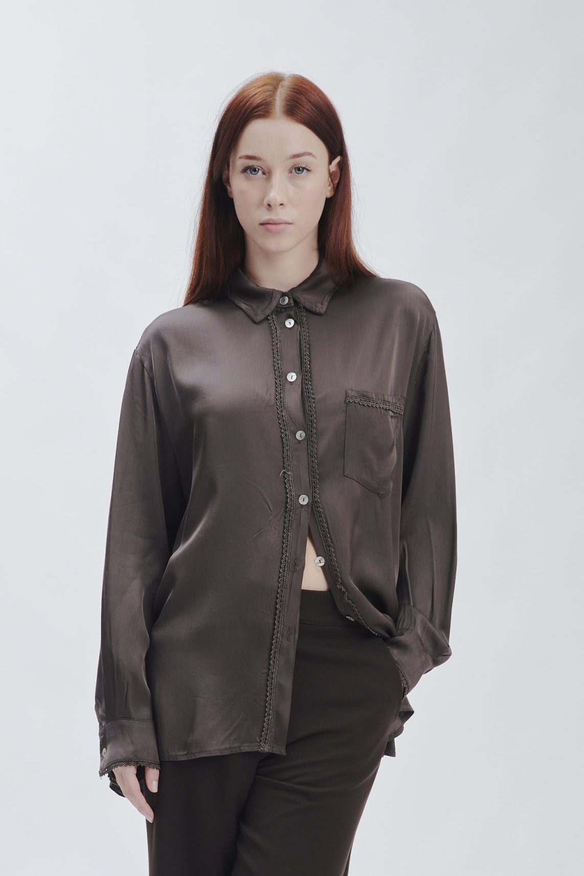SATIN SHIRT WITH LACE - YOU, DARK BROWN