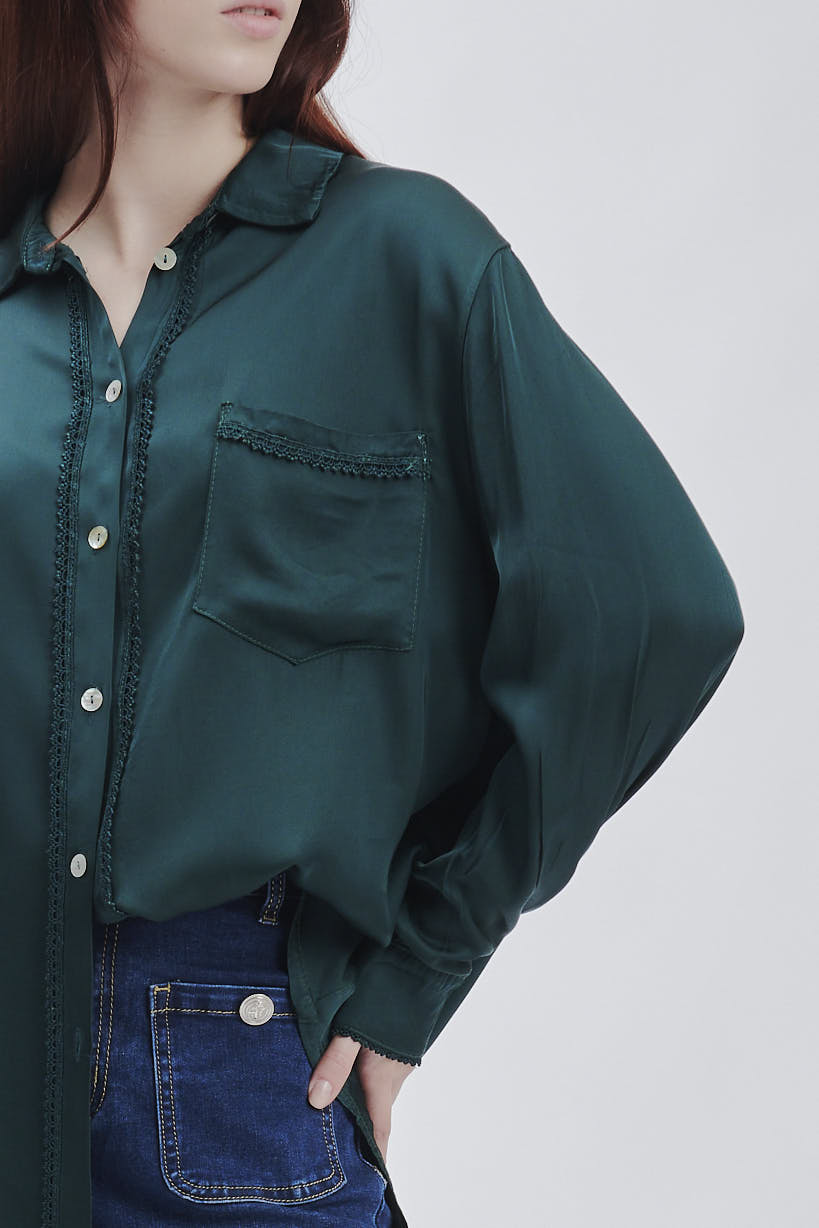 FD354-SHIRT-SATIN-WITH-LACE-GREEN-802 SATIN SHIRT WITH LACE |