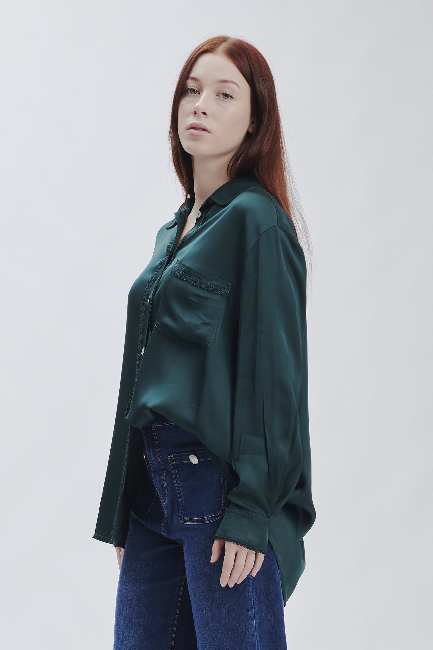 FD354-SHIRT-SATIN-WITH-LACE-GREEN-803 SATIN SHIRT WITH LACE |
