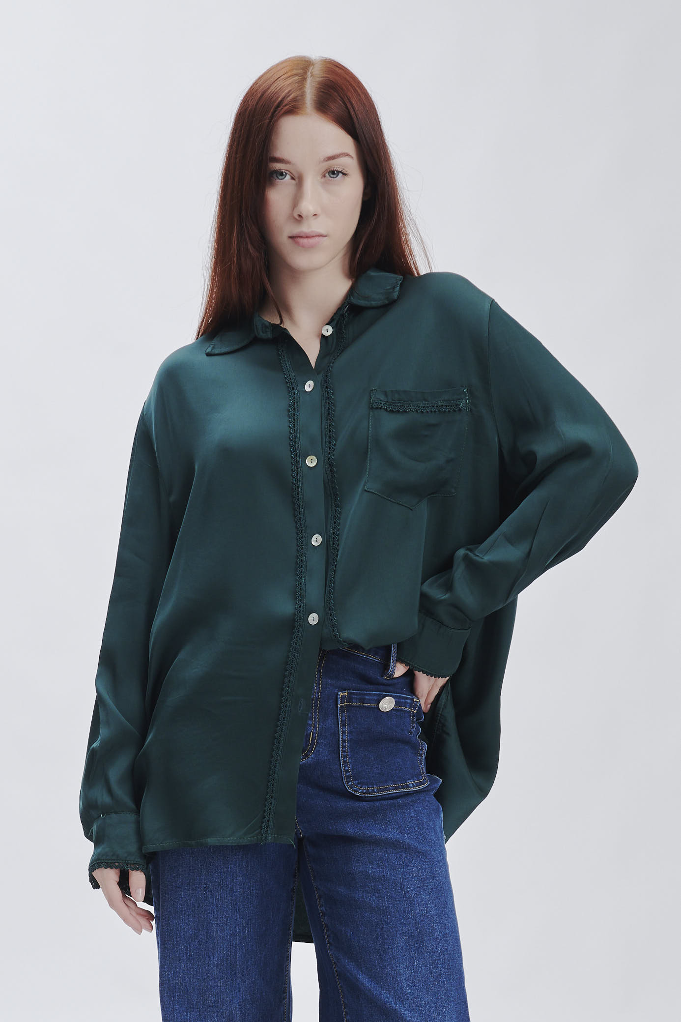 FD354-SATIN-SHIRT-WITH-LACE-GREEN-806 SATIN SHIRT WITH LACE |
