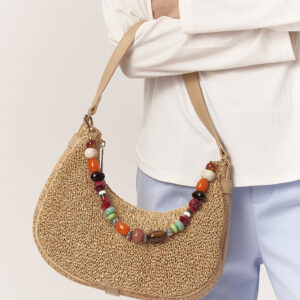 GAD003-BORSA-MEZZALUNA-CON-PERLINE-BEIGE-2012 HALBMOND-TASCHE MIT BAST-EFFEKT |