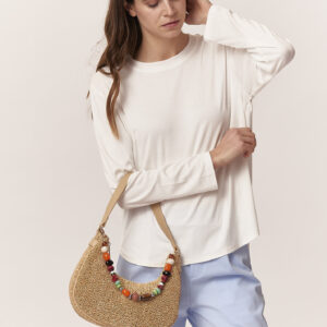 GAD003-BORSA-MEZZALUNA-CON-PERLINE-BEIGE-2013 HALBMOND-TASCHE MIT BAST-EFFEKT |