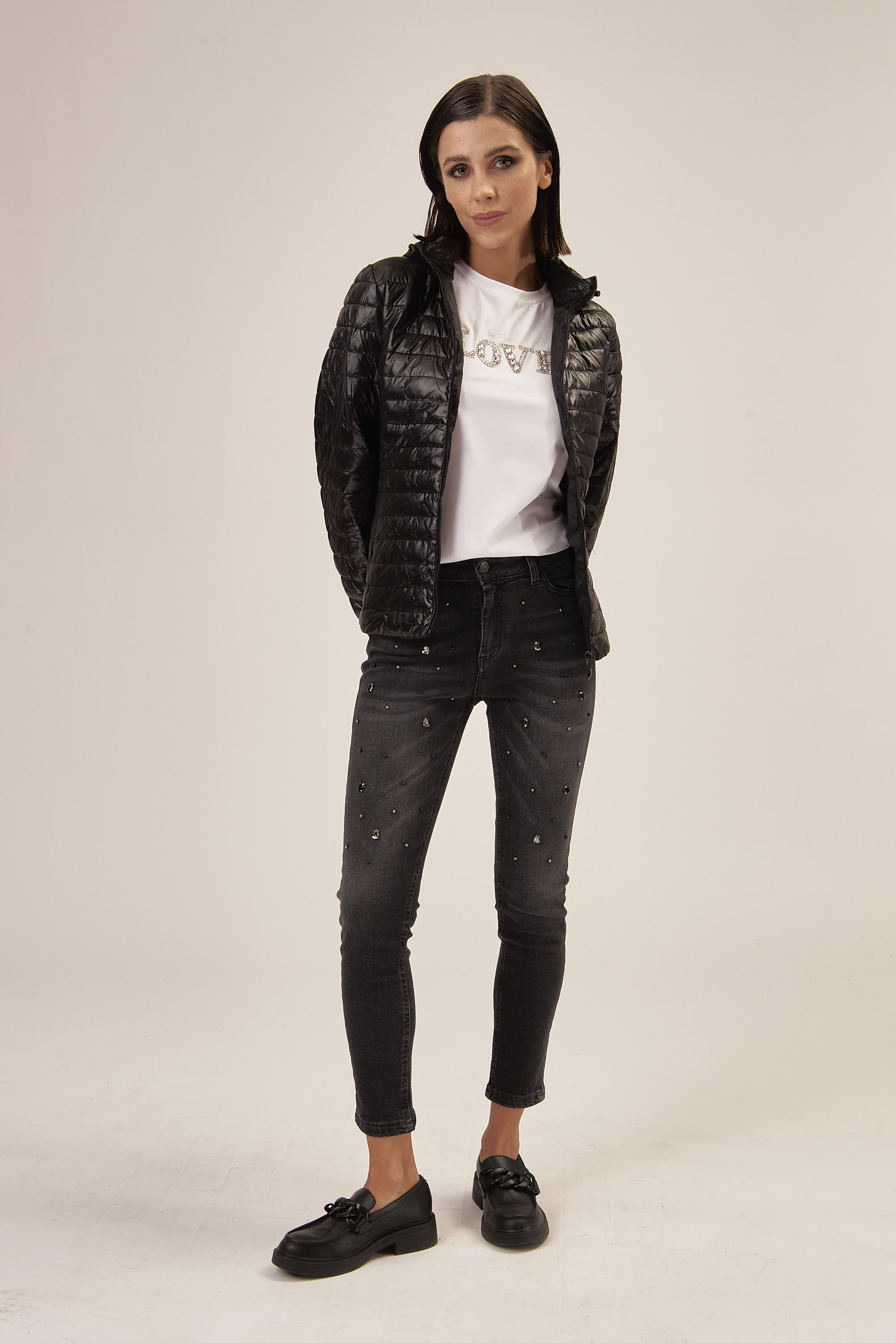 SLIM DENIM WITH STUDS AND RHINESTONES