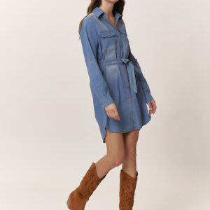 SHORT CHAMBRAY DRESS WITH SASH |
