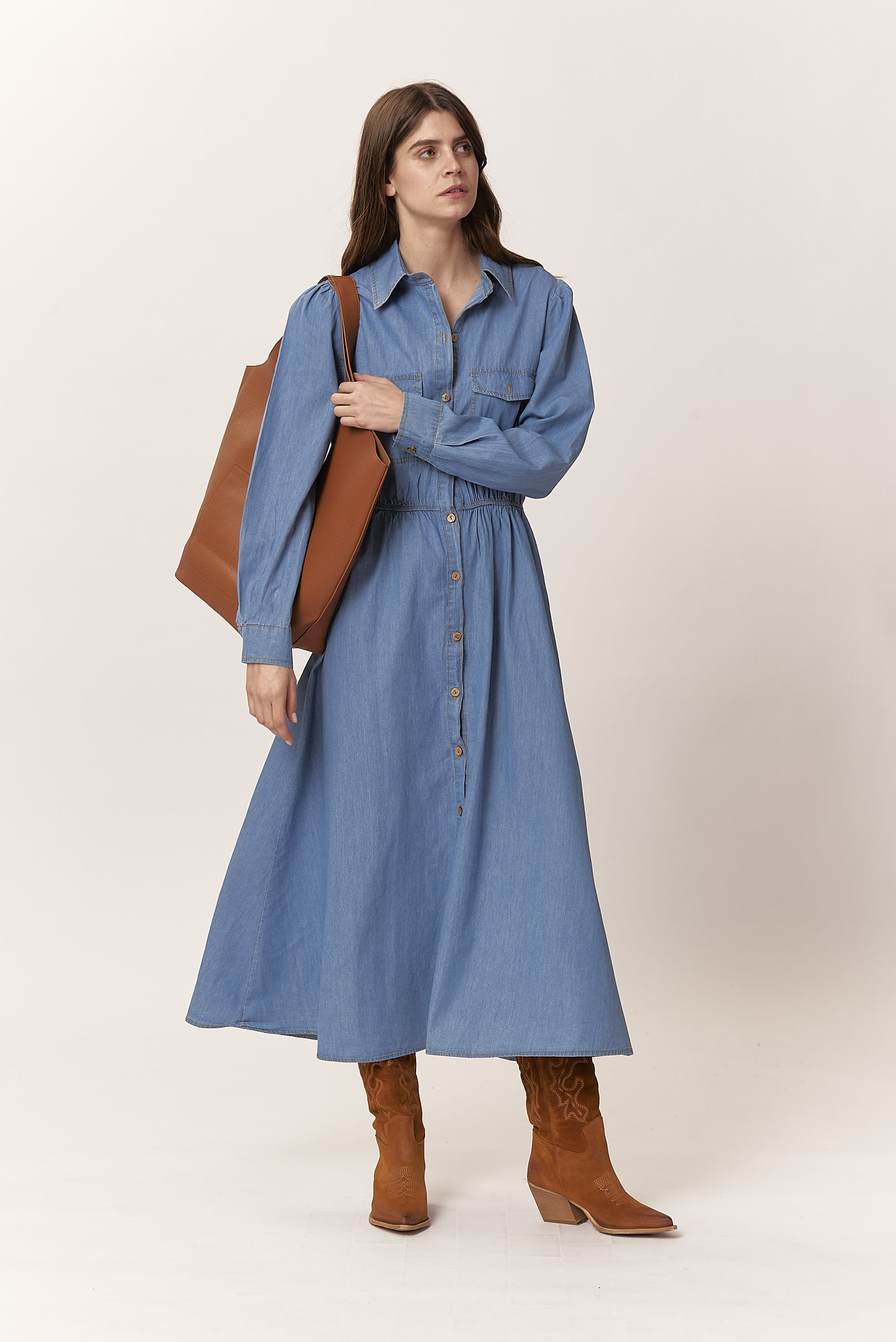 LONG CHAMBRAY SHIRT DRESS