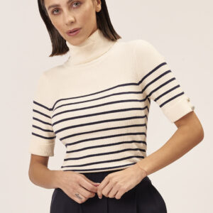 GD064-TURTLENECK-MM-RIBBED-CREAM-STRIPE-1329 STRIPED TURTLENECK SWEATER WITH SHORT SLEEVES |
