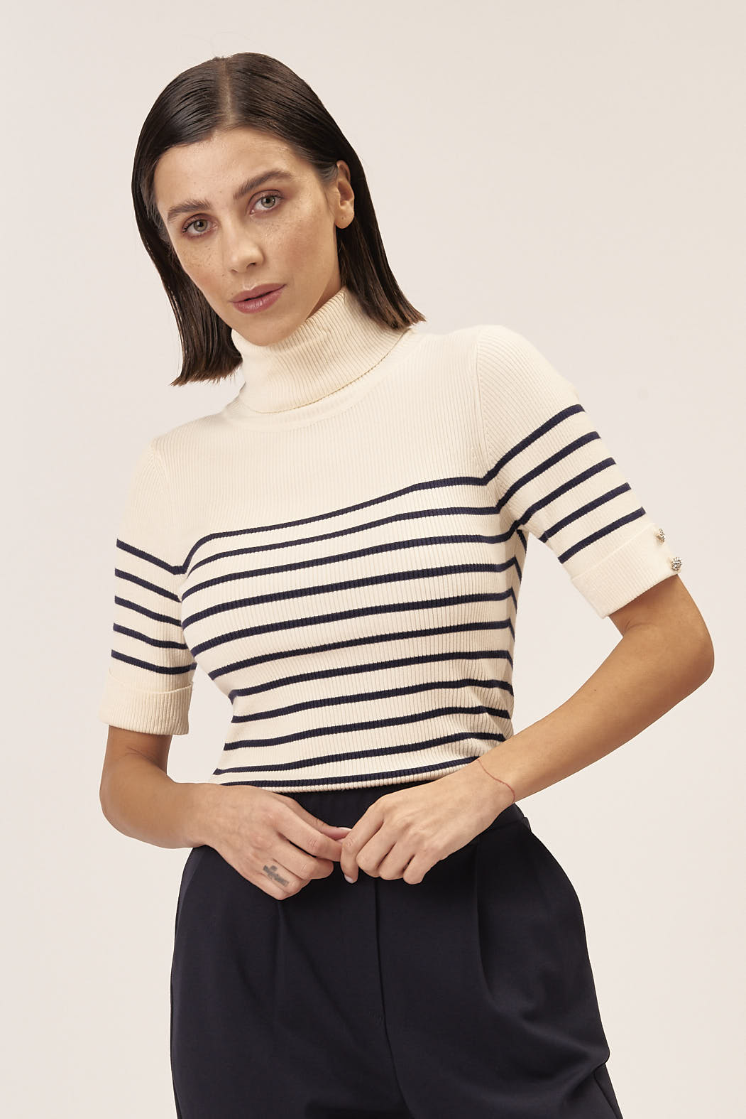 STRIPED TURTLENECK SWEATER WITH SHORT SLEEVES