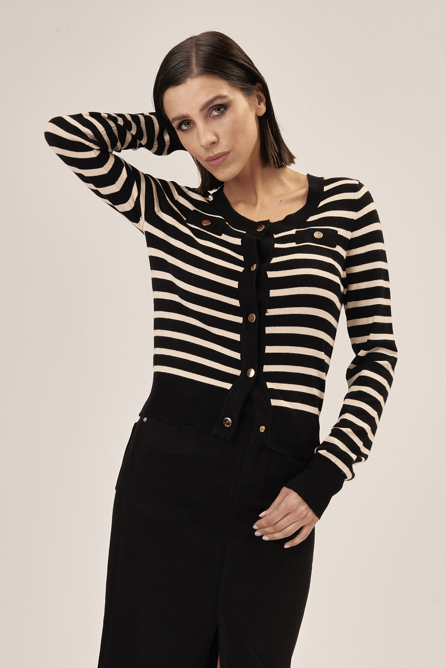 STRIPED CARDIGAN WITH BREAST POCKET - YOU, BLACK