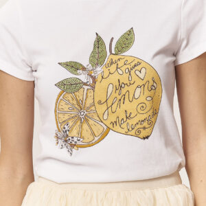 GD110-T-SHIRT-APPLICAZIONI-LEMON-BIANCO-1241 T-SHIRT STAMPA LIMONI CON STRASS |