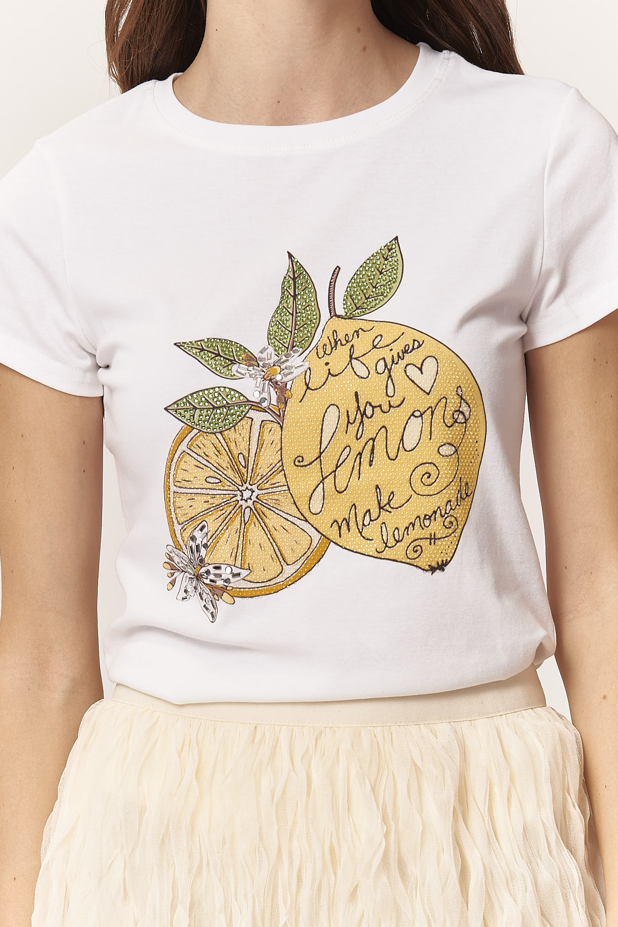 GD110-T-SHIRT-APPLICAZIONI-LEMON-BIANCO-1241 T-SHIRT STAMPA LIMONI CON STRASS |