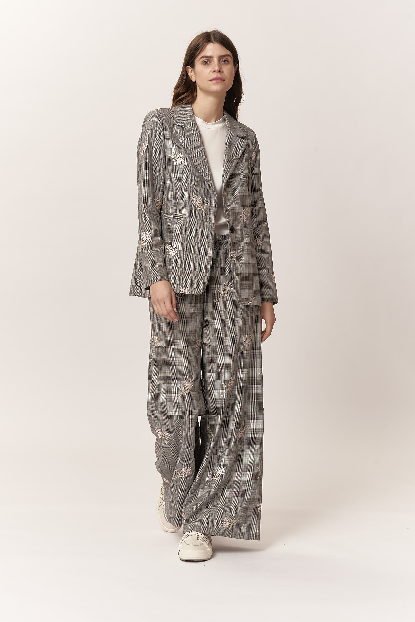 PALAZZO CHECK EMBROIDERED TROUSERS